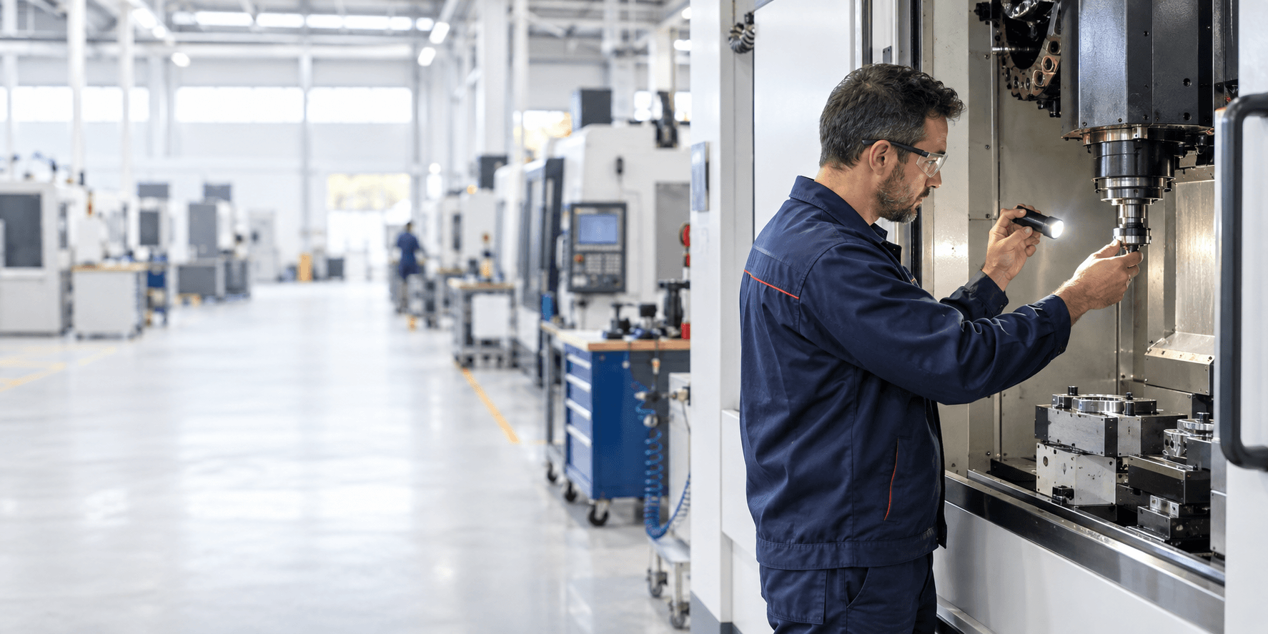 Cena ilustrativa de manutenção CNC, com técnico inspecionando uma máquina à direita